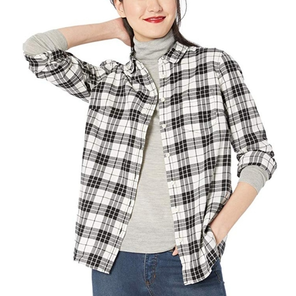 J Crew black and white plaid flannel buttondown